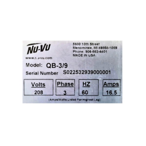 Nu-Vu QB-3/9 Double Deck Electric Oven and Proofer Combo