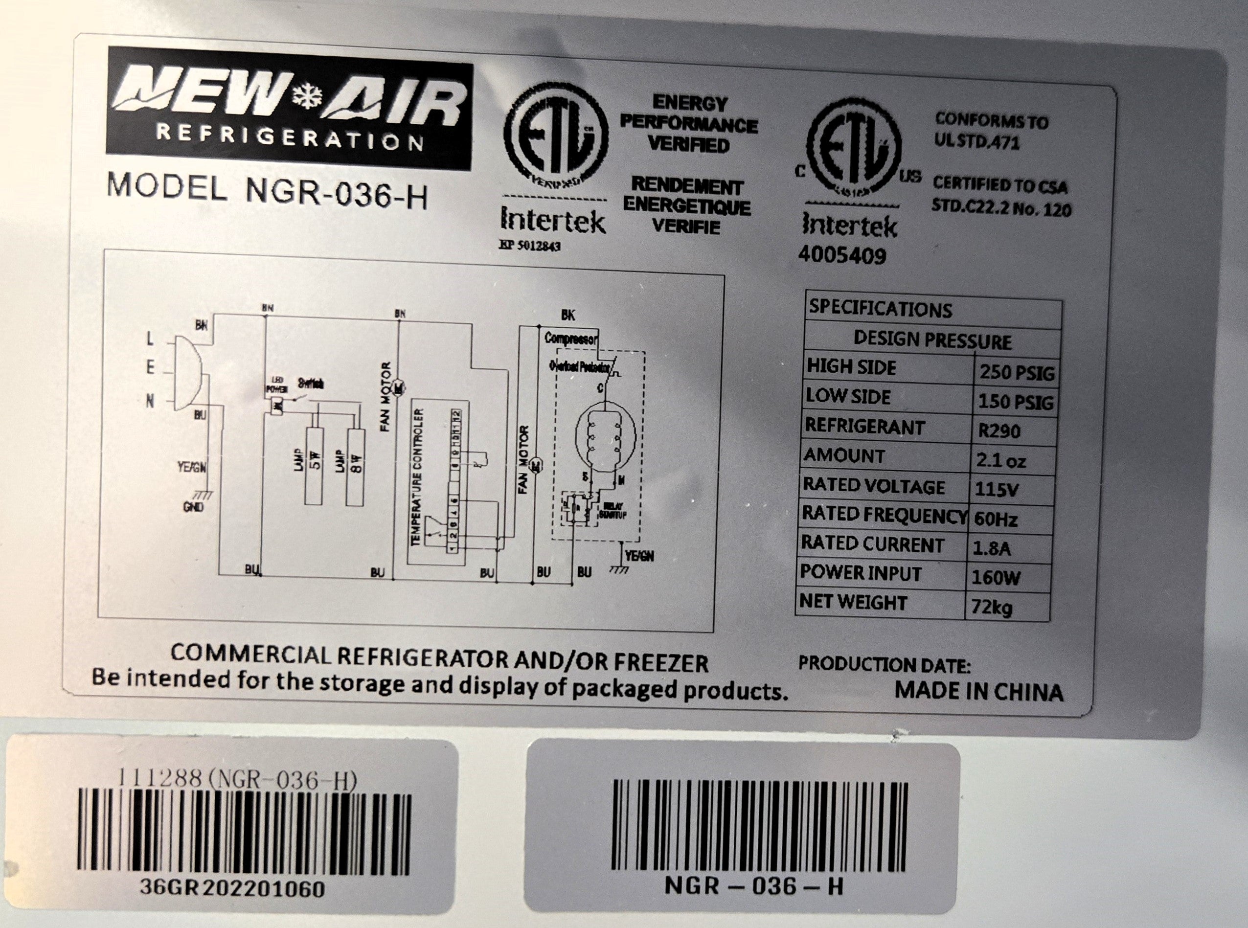 New Air NGR-036-H Reach in Refrigerator - Single Glass Door