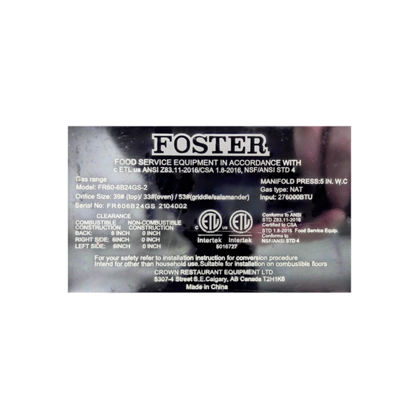 FOSTER FR60-6B24GS-2 Range, 60 inch, NG, 6-Burners w/24 inch Griddle/Salamander
