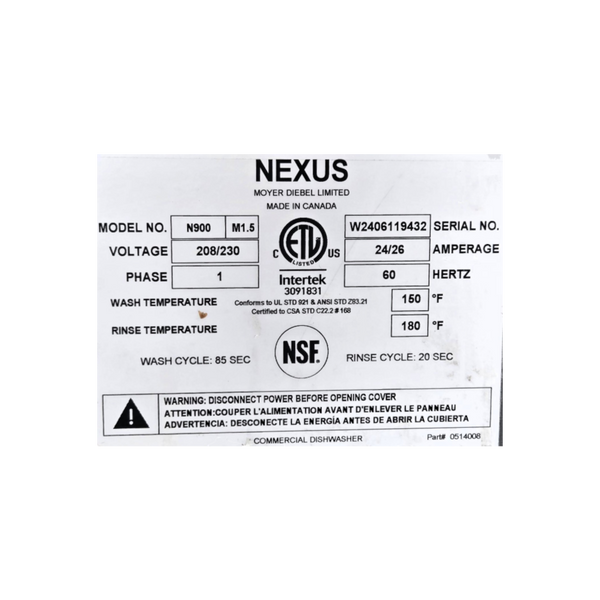 NEXUS N900-M1.5 High Temperature Undercounter Dishwasher