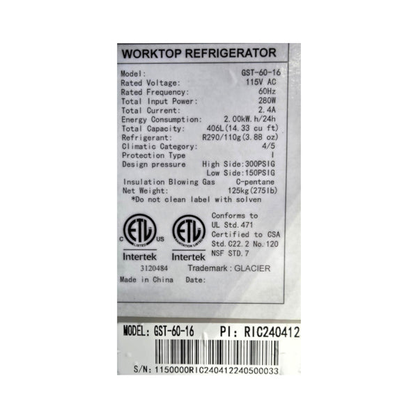 Glacier GST-60-16 Refrigerated Prep Table - 2 Solid Door - 60 Inch
