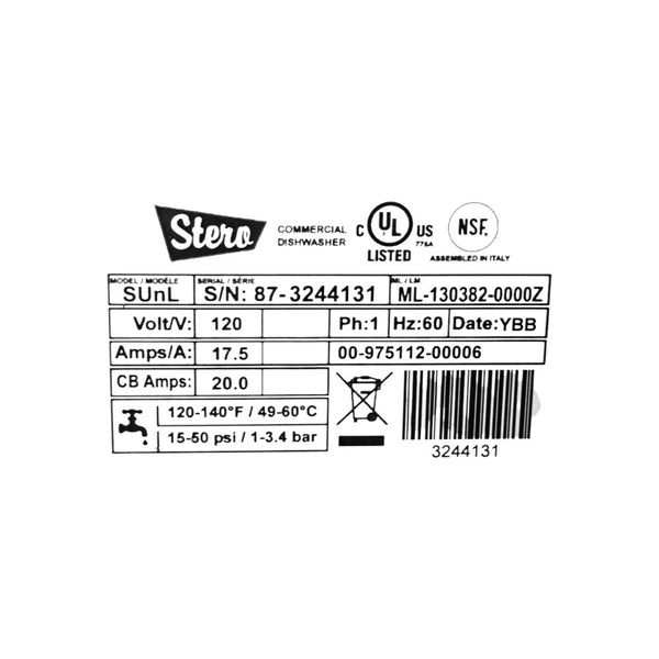 Stero SUnL Sanitizing Undercounter Dishwasher