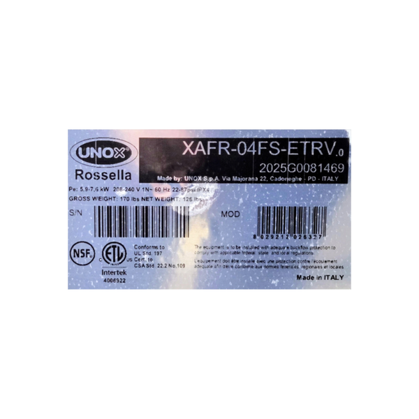 Unox XAFR-04FS-ETRV Full-Size Convection Oven - 4-Tray - 208-240V
