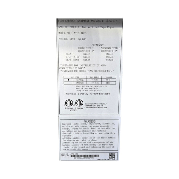 Atosa ATFS-40ES 40lb Deep Fryer - Nat Gas- Never Used