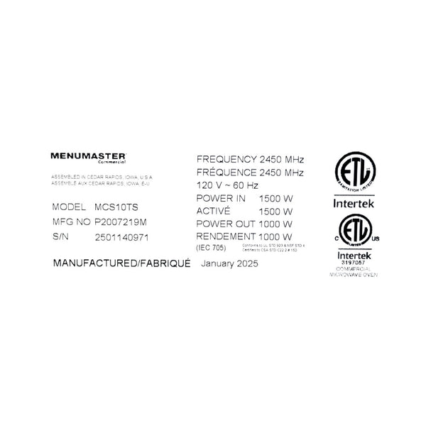 Menumaster MCS10TS Microwave - 1000 Watts