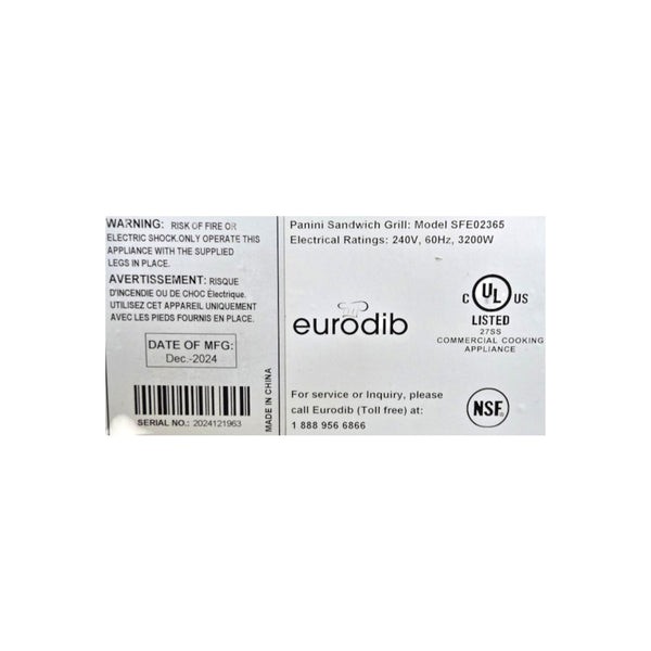 Eurodib SFE02365 Double Groved Sandwich Grill - 10 Inch