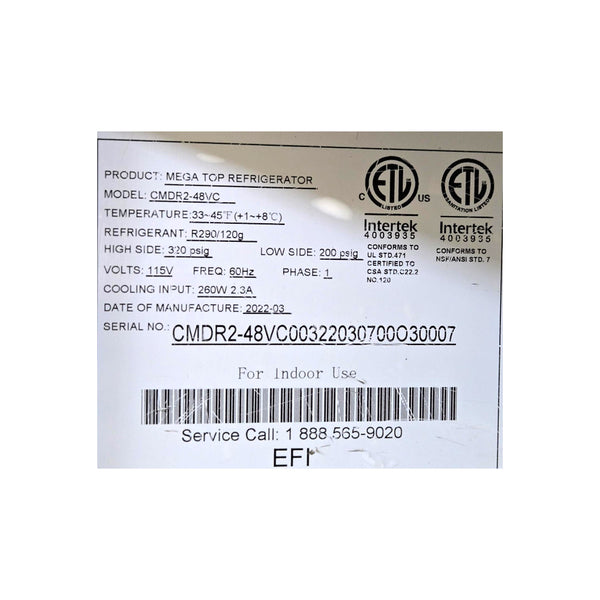 EFI CMDR2-48VC Megatop Refrigerated Prep Table - 2 Solid Door - 48 Inch