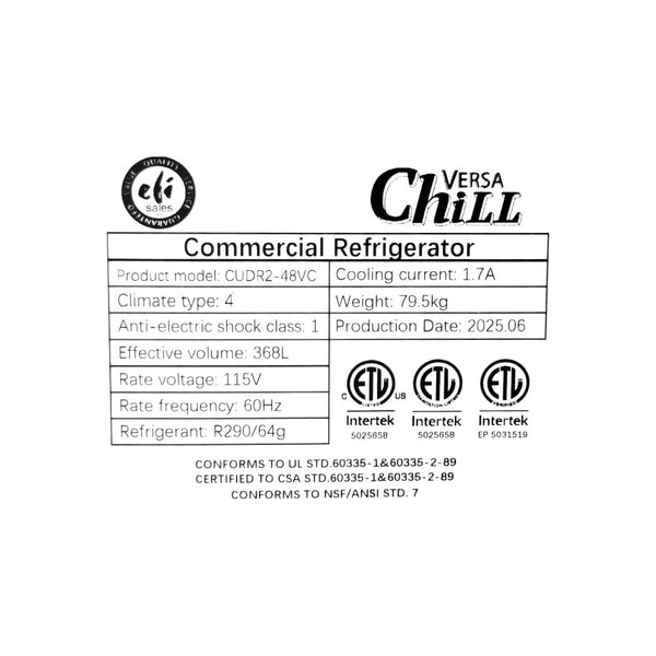 EFI CUDR2-48VC Undercounter Refrigerator - 2 Solid Doors - 48 Inch