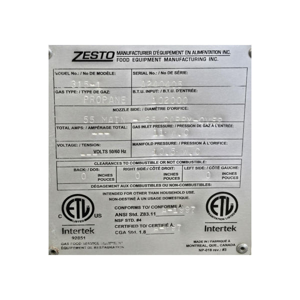 Zesto 315-1 Double Deck Pizza Oven - Propane - 72 Inch