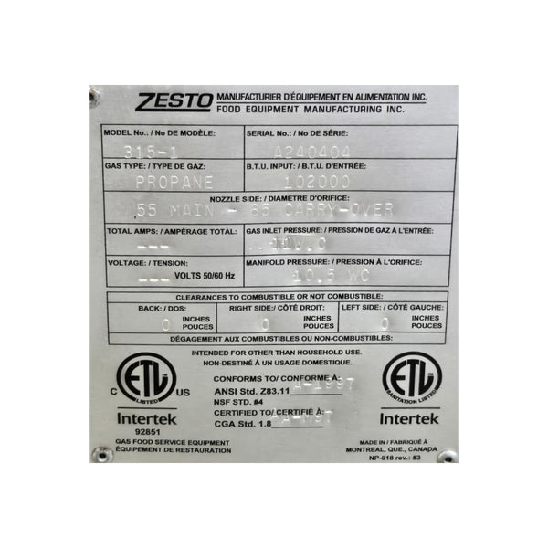 Zesto 315-1 Double Deck Pizza Oven - Propane - 72 Inch