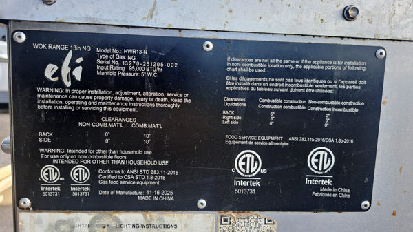 EFI HWR13-N Wok Range - Nat Gas - 13 inch