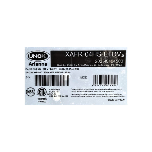 UNOX XAFR-04HS-ETDV Half-Size Convection Oven - 208-240V