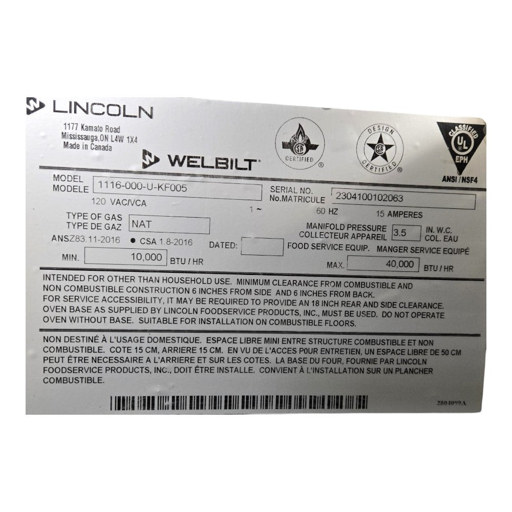 Lincoln  1116-000-U-KF005 Conveyor Pizza Oven - Natural Gas - No Base or Legs