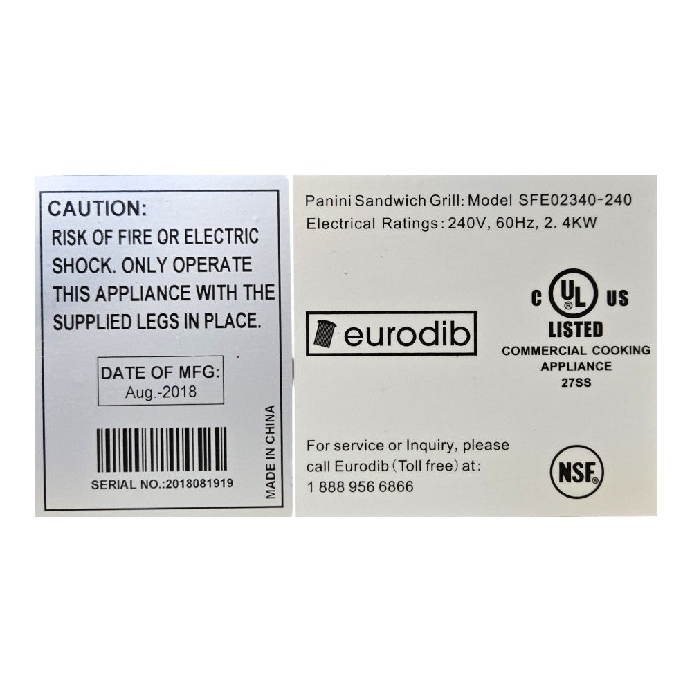 Eurodib SFE02340-240 Electric Panini Grill