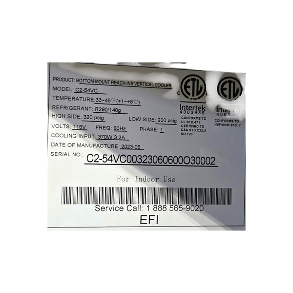 EFI C2-54VC Reach in Refrigerator - Cosmetic Damage