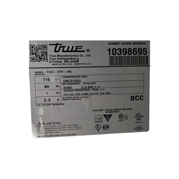 TRUE TUC-27F-HC Single door undercounter Freezer