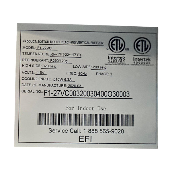 EFI F1-27VC Upright Freezer - 1 Door