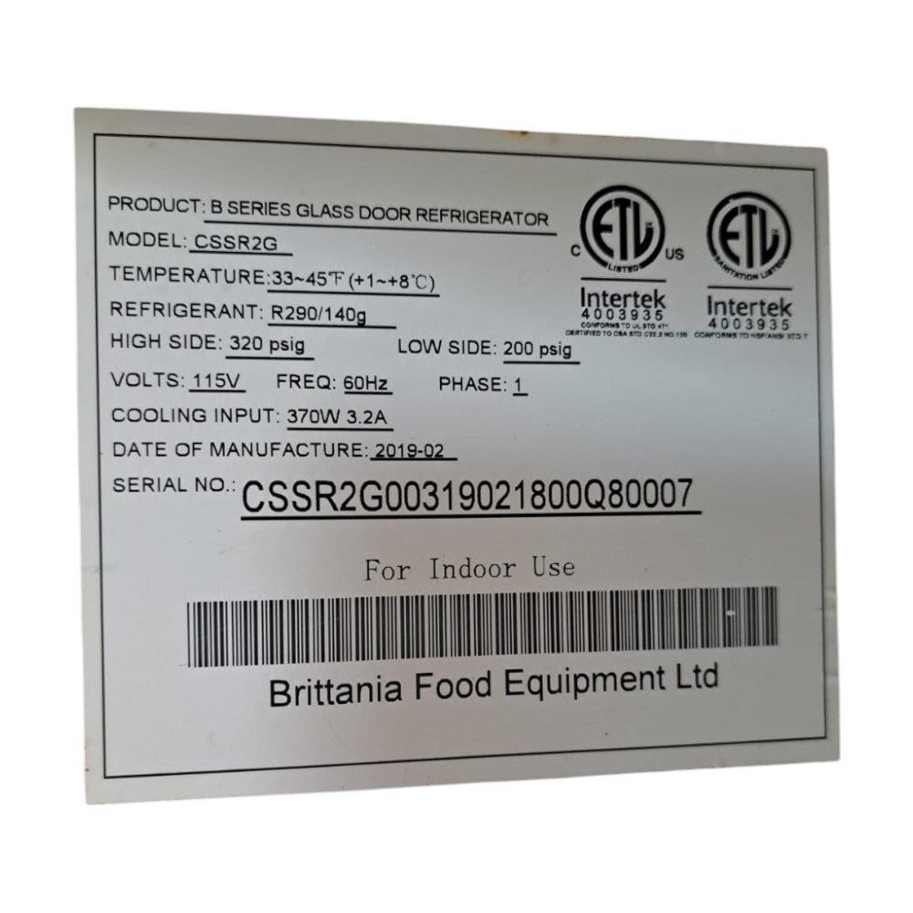 Cardinal CSSR2G Upgright Glass Refrigerator - 2 Door (Cosmetic Damage)