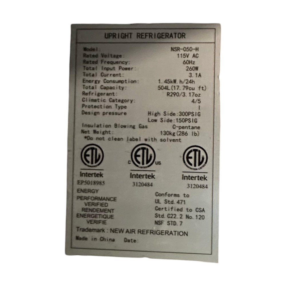 New Air NSR-050-H Upright Reach-in Refrigerator - Single door