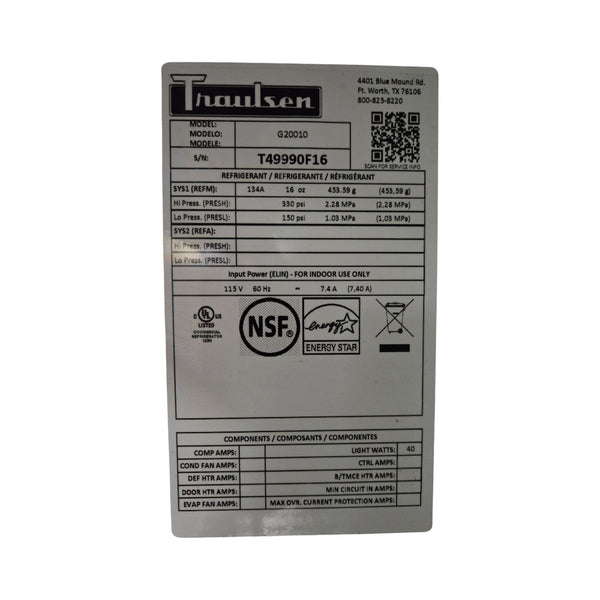 Traulsen G20010 Refrigerator - 2 Solid Door - 52 Inch