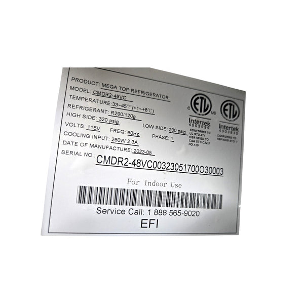 EFI CMDR2-48VC Refrigerator - Mega Top Prep Table - 2 Solid Door - 48 Inch