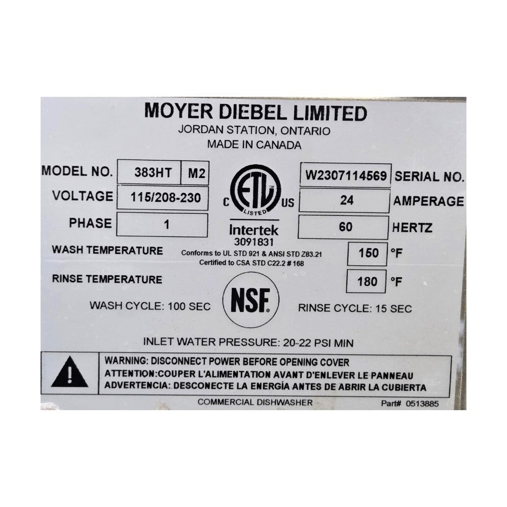  Moyer Diebel  383HT-M2 Undercounter Dishwasher