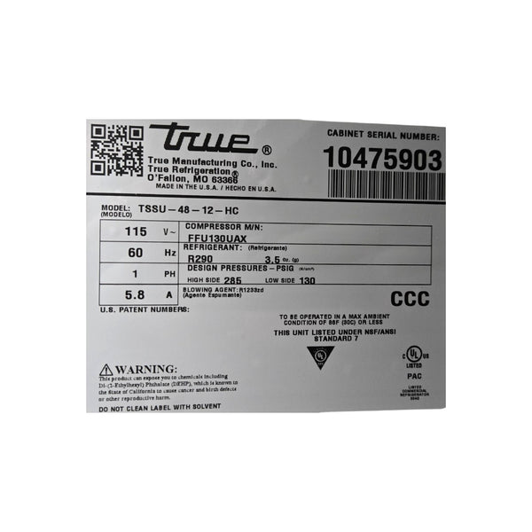 TRUE TSSU-48-12-HC  Sandwich Prep Refrigerator - 2 Door - Never Used
