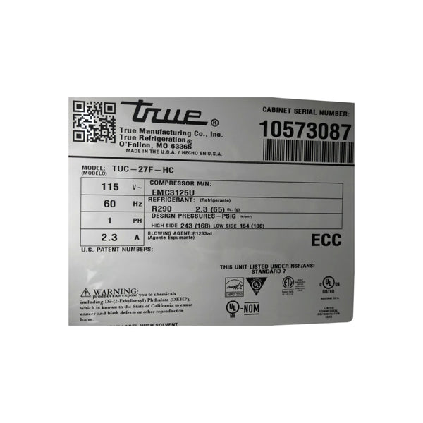 TRUE TUC-27F-HC Undercounter Freezer - 1 Solid Door - 27 Inch - Never Used