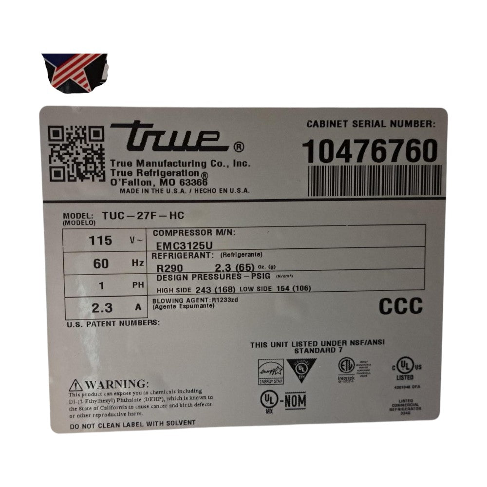 TRUE TUC-27F-HC - Undercounter Freezer 27