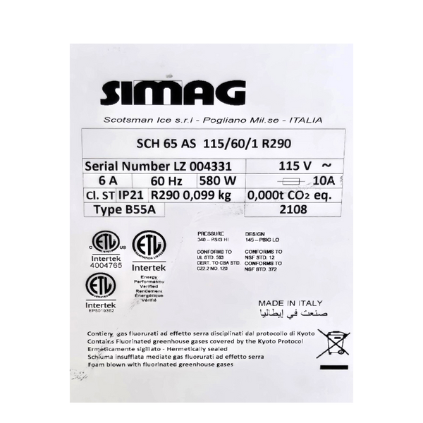 Simag SCH65AS Undercounter Ice Maker with Bin - Cube Style - 18''