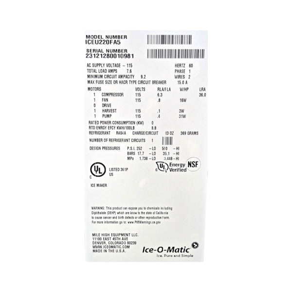 Ice O Matic ICEU220FA5 Undercounter Ice Machine - 24''