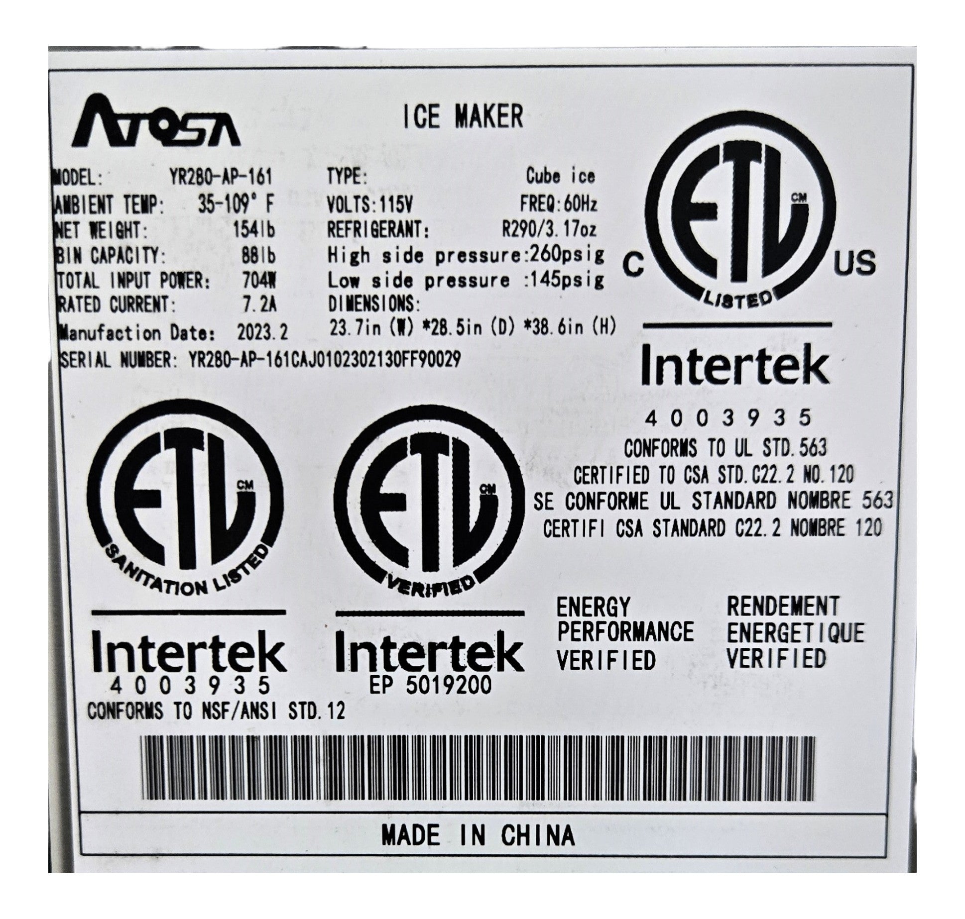 Atosa YR-280-AP-161 Ice Maker