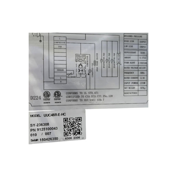 Danair UUC48R-E-HC Undercounter Refrigerator - 2 Solid Door - 48''