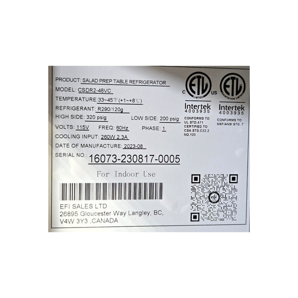 EFI CSDR2-48VC Refrigerated Prep Table - 2 Solid Door - 48 Inch
