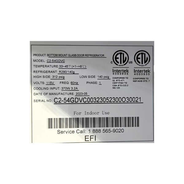 EFI C2-54GDVC Refrigerated Merchandiser - 2 Glass Door - 54 Inch