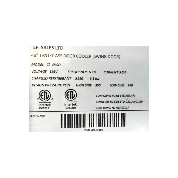 EFI C2-48GD Refrigerated Merchandiser - 2 Glass Door - 48 Inch