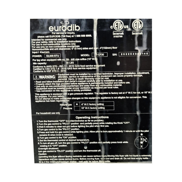 Eurodib T-CF30 Counterop Fryer - Natural Gas