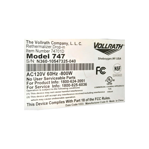 Vollrath 747 Drop-In Induction Rethermalizer