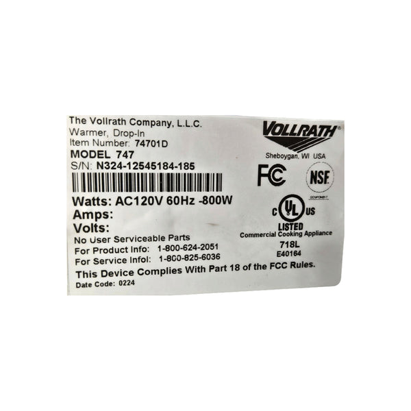 Vollrath 747 Drop-In Induction Rethermalizer