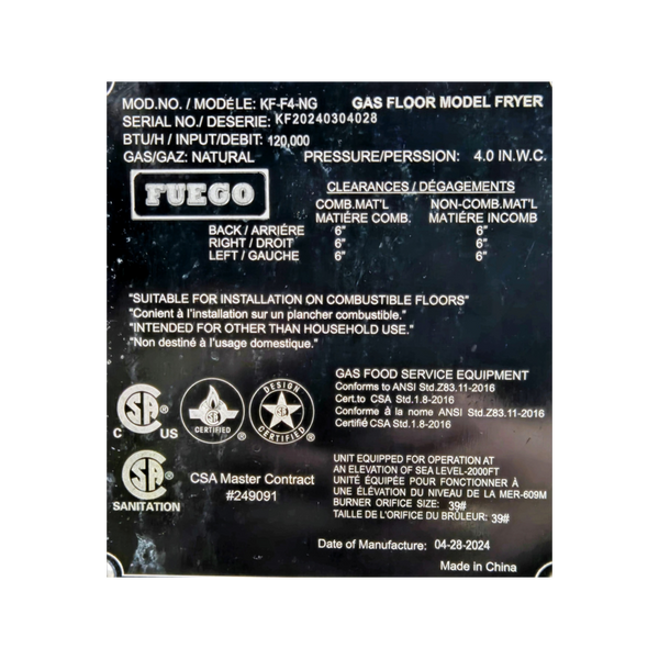 Fuego KF-F4-NG Fryer - Nat Gas