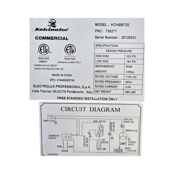 Kelvinator KCHBB72S Back Bar Refrigerator - 72''
