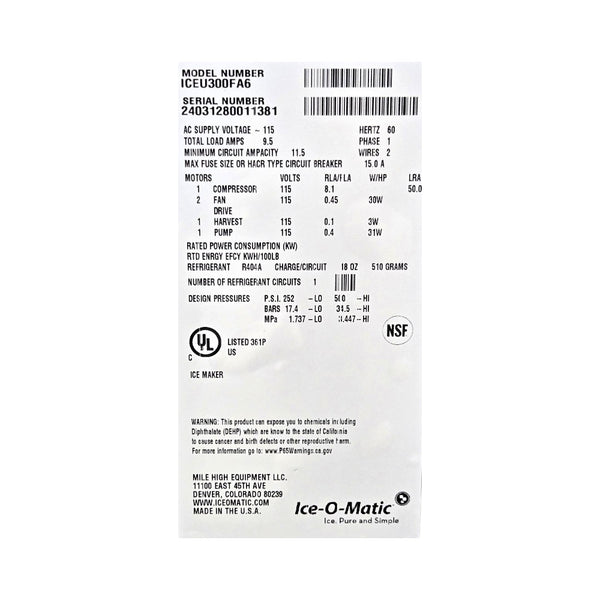 Ice-O-Matic ICEU300FA6 Undercounter Ice Machine