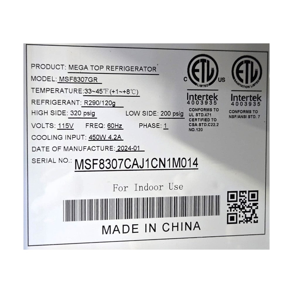 Atosa  MSF8307GR Refrigerated Mega Top Prep Table