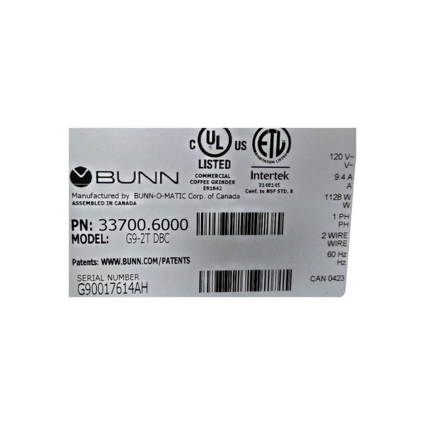 Bunn G9-2TDBC Stainless Steel Grinder