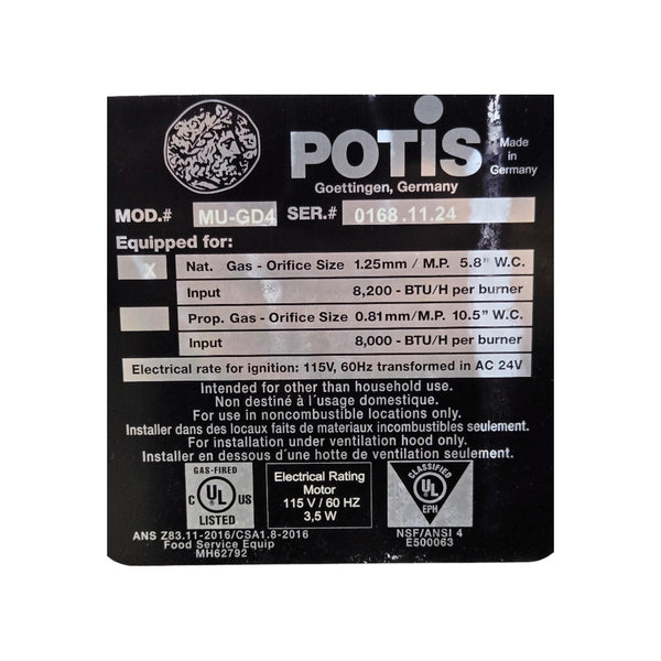 Potis MU-GD4 4 Burner Vertical Broiler - Nat Gas