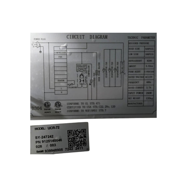 Coldzone UCR-72  Undercounter Refrigerator - 3 Solid Door - 72 Inch