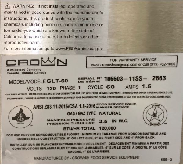 Crown GLT-60 Tilting kettle